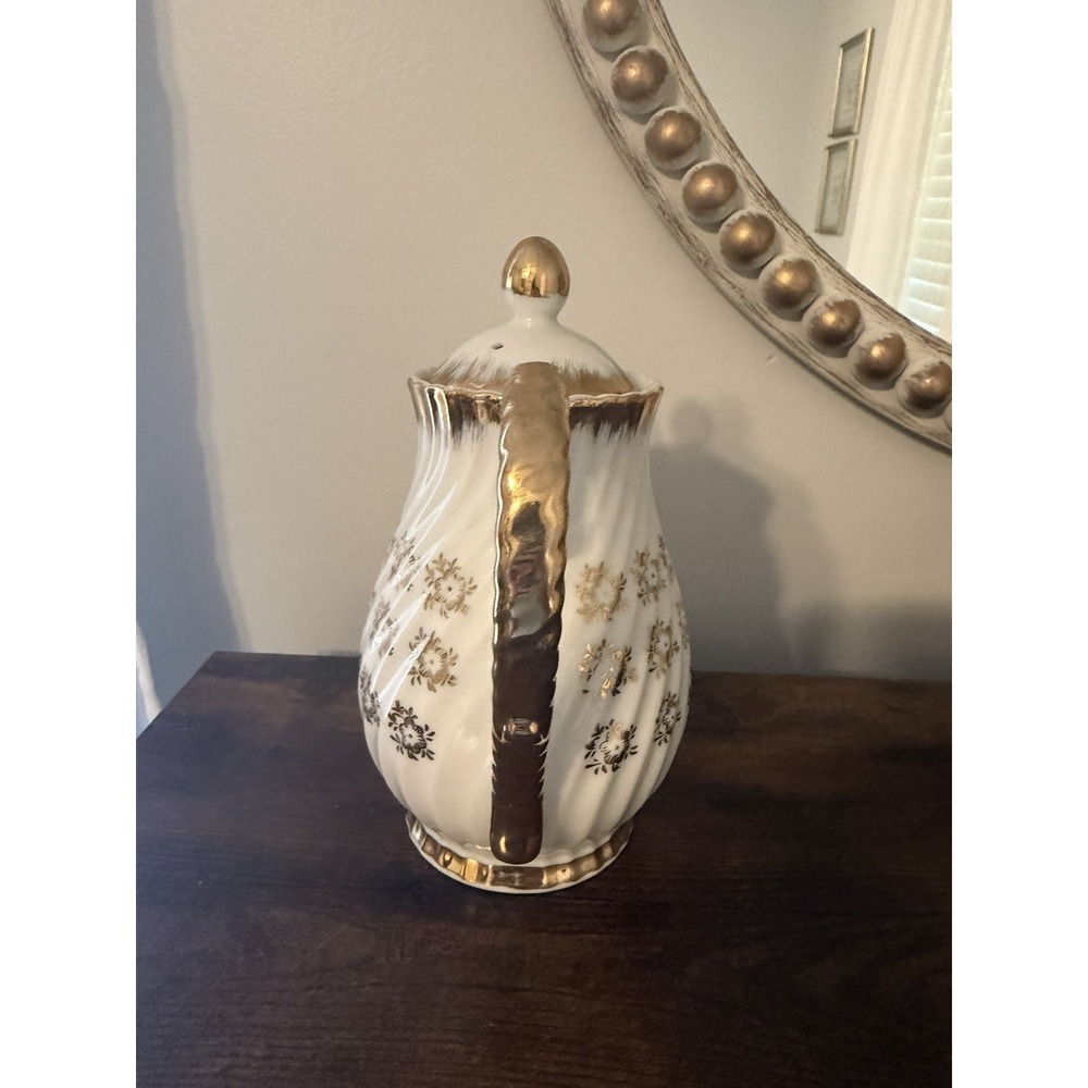 Vintage 1950s Japan Porcelain Coffee Pot Gold Floral Swirl Lidded 8" - Picture 5 of 9
